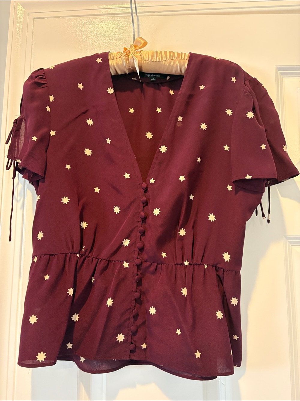 Madewell Burgundy Star-Print Button-Front Peplum Top